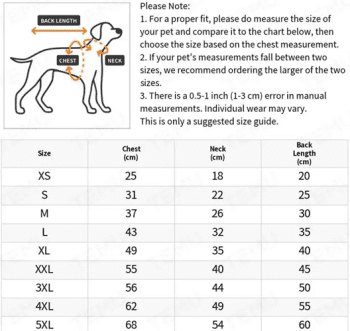 Dog Jacket Size Chart